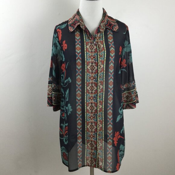 Soft Surroundings Black Tribal-Print Semi Sheer Button Up Top s/p - Picture 8 of 9